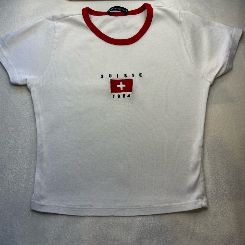 brandy melville white and red suiss 1984 shirt